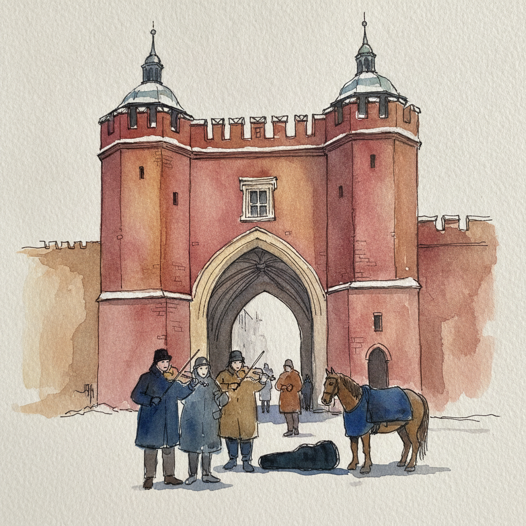 Florian Gate, Krakow, Winter Buskers example 1