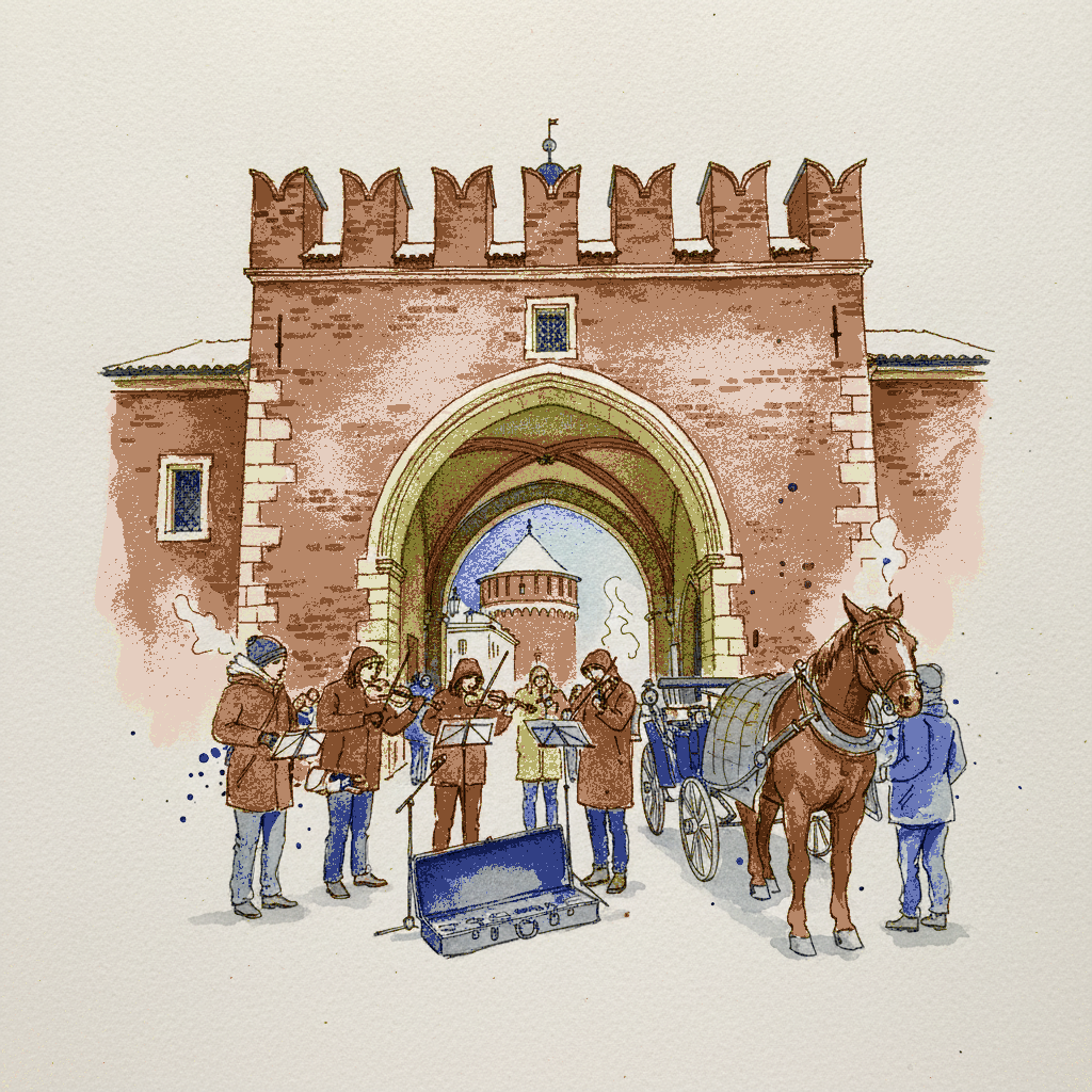 Florian Gate, Krakow, Winter Buskers example 3