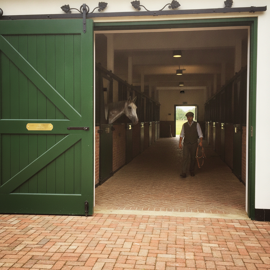 Door Slid Half-Open to Stable Courtyard AI-generated photoreal reference