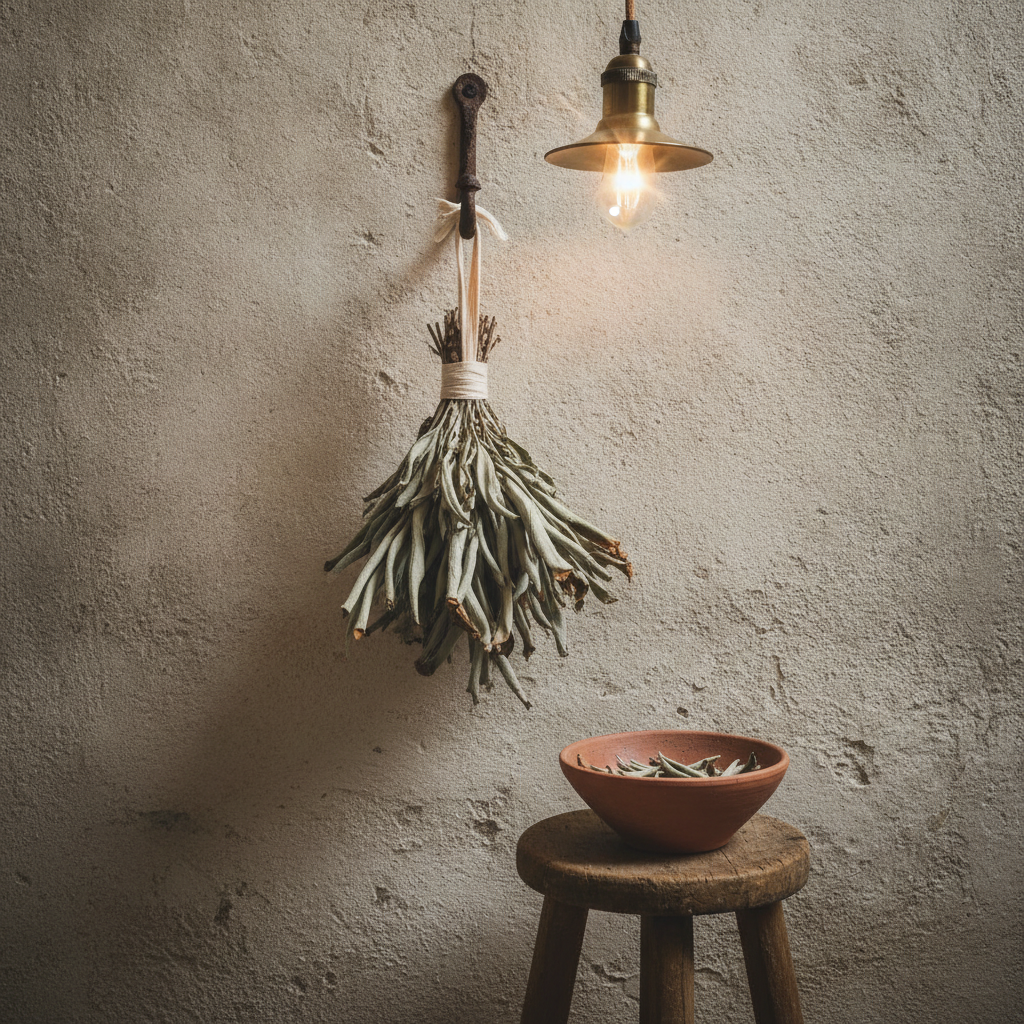 Sage bundle drying on a hook AI-generated photoreal reference