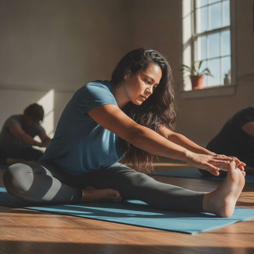 Seated Wide-Leg Fold, Side Reach AI-generated photoreal reference