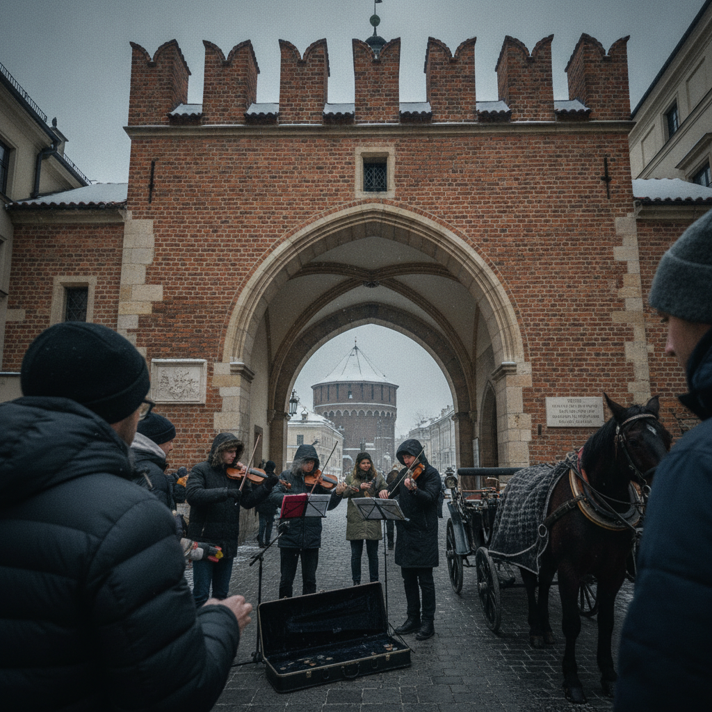 Florian Gate, Krakow, Winter Buskers AI-generated photoreal reference