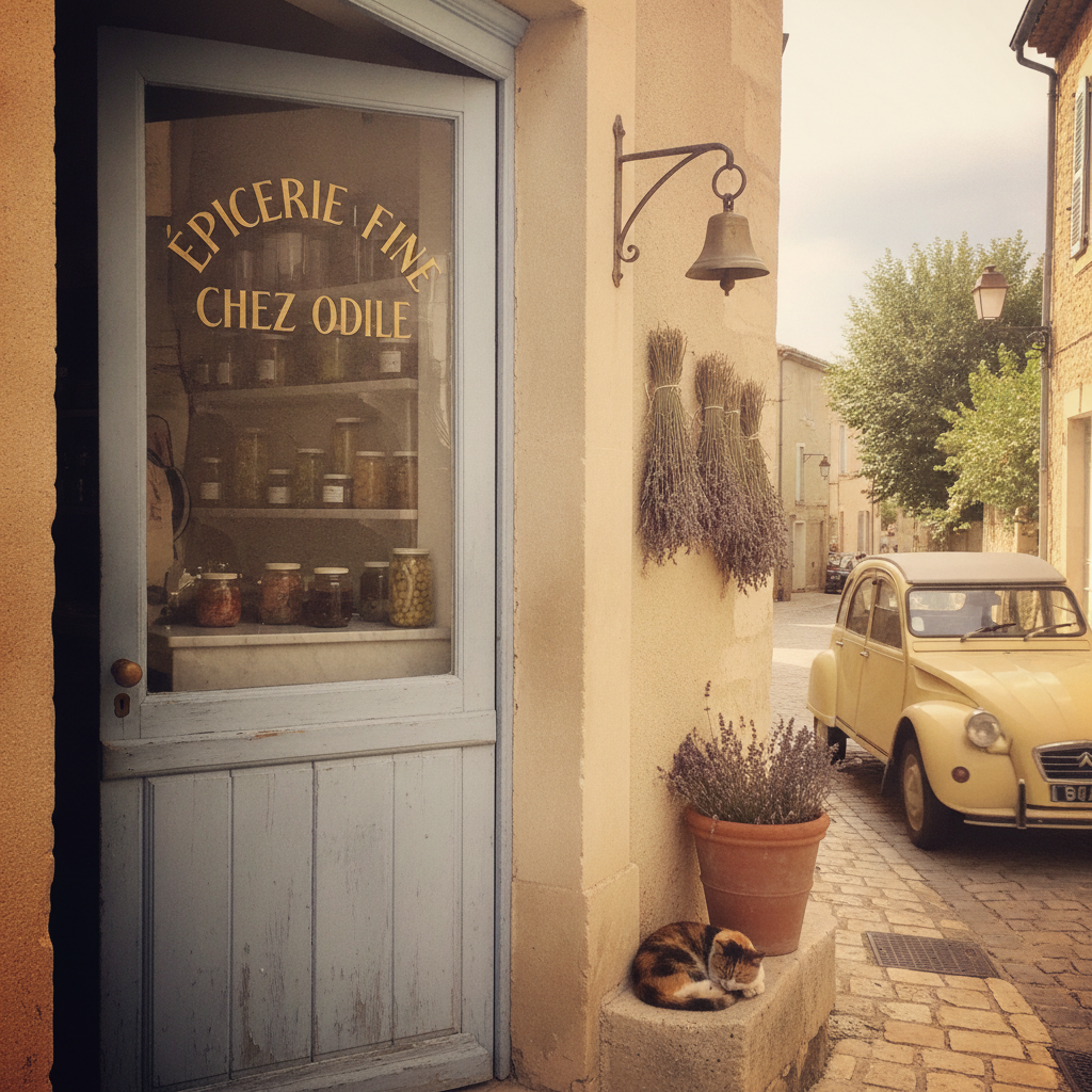 Provençal Village Épicerie, Lavender Season AI-generated photoreal reference