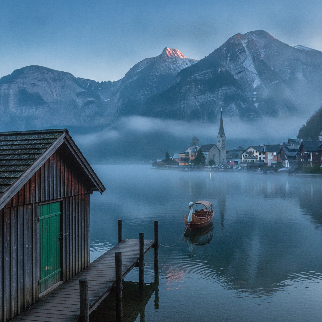 Hallstatt morning mist, Austria AI-generated photoreal reference