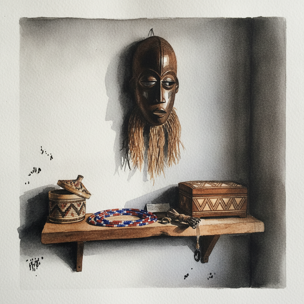 African mask and beadwork shelf example 1