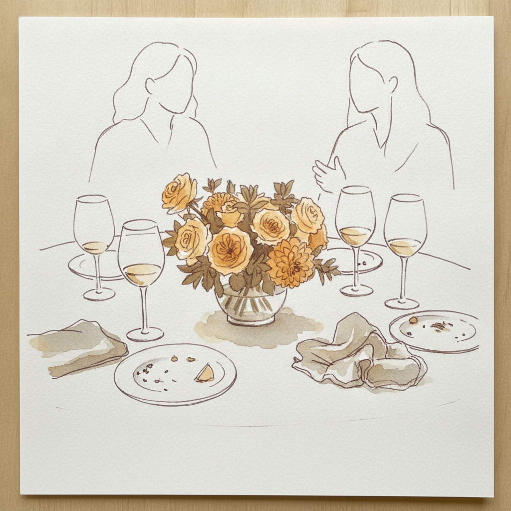 Dining table, mid-conversation example 1
