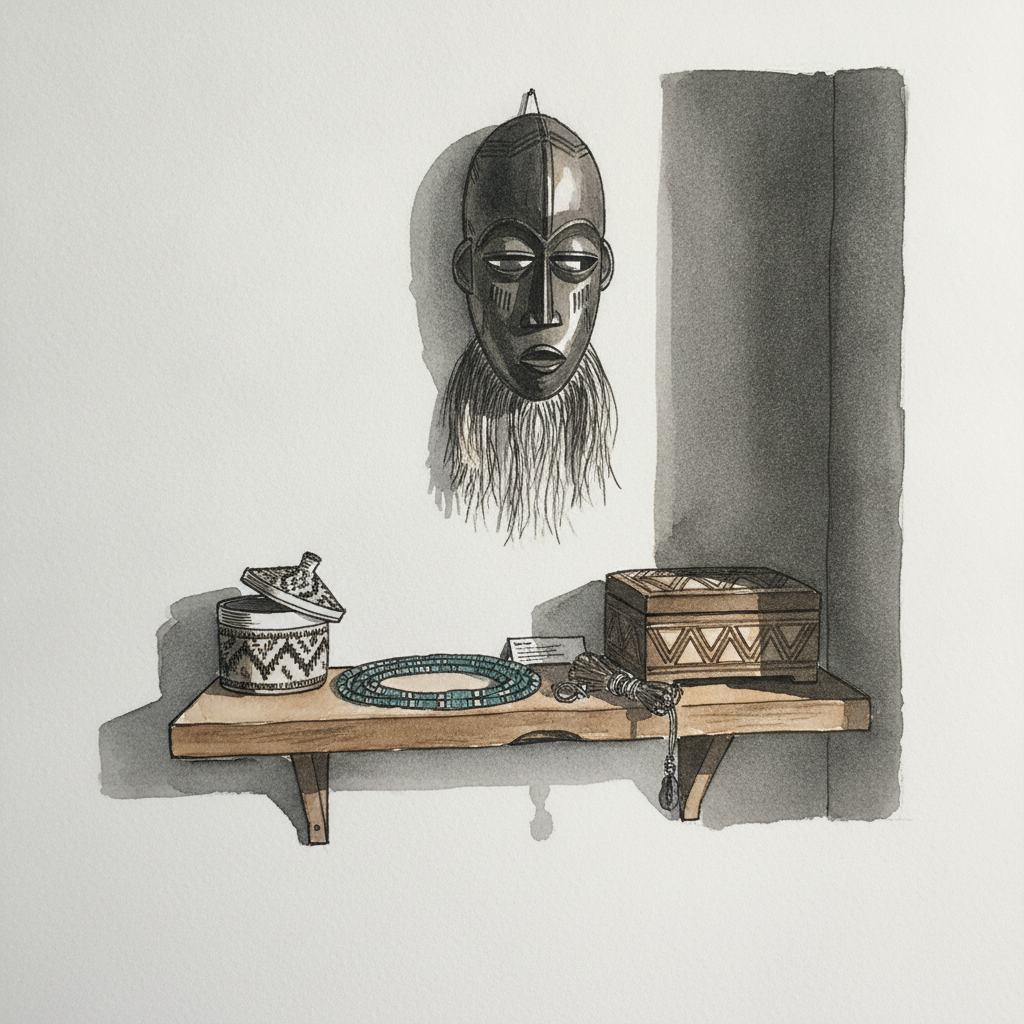 African mask and beadwork shelf example 2