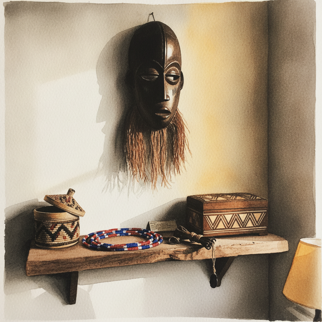 African mask and beadwork shelf example 3