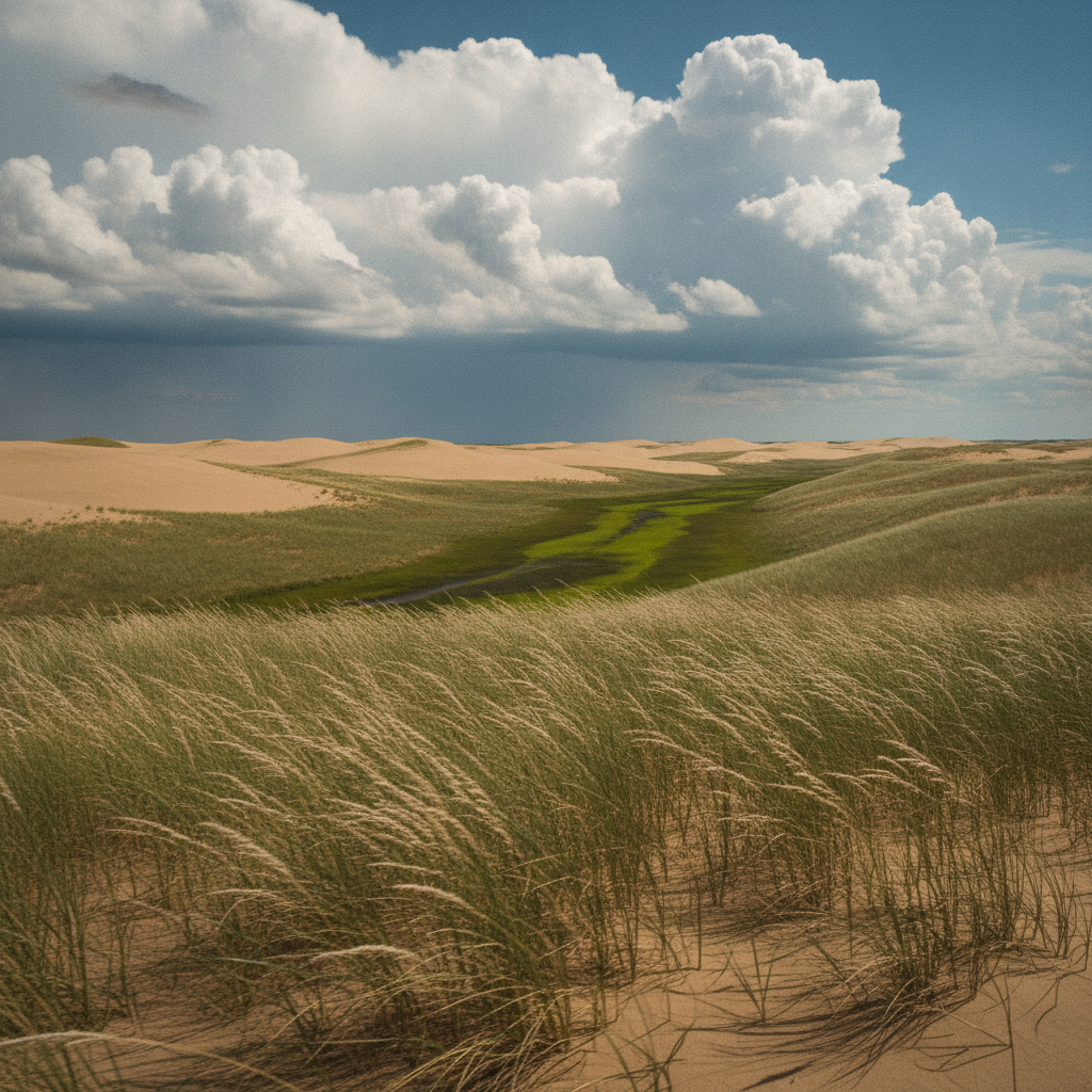 Midday with cumulus over nodding grass — Sandhills July AI-generated photoreal reference