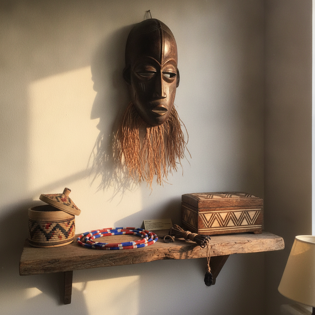 African mask and beadwork shelf AI-generated photoreal reference