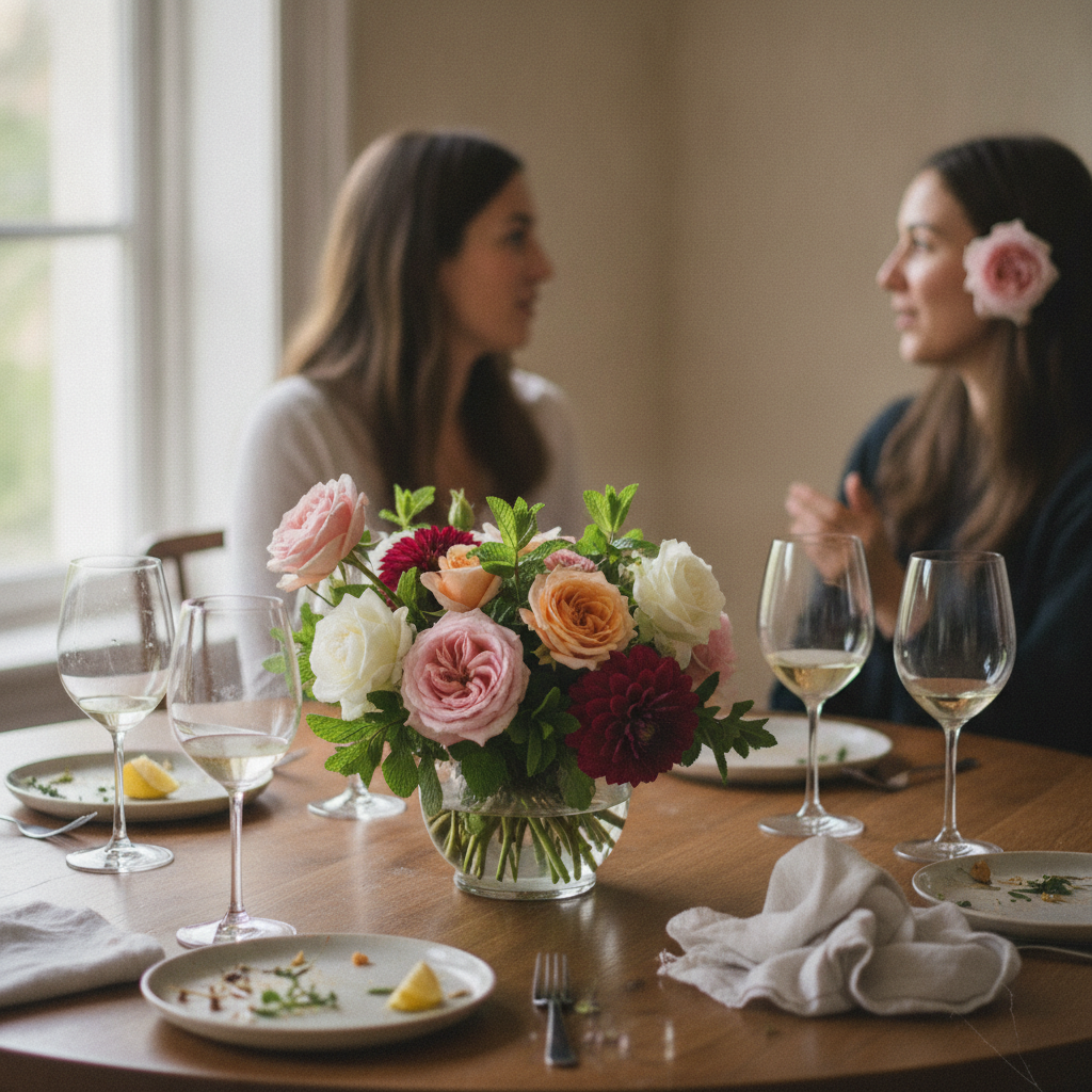 Dining table, mid-conversation AI-generated photoreal reference