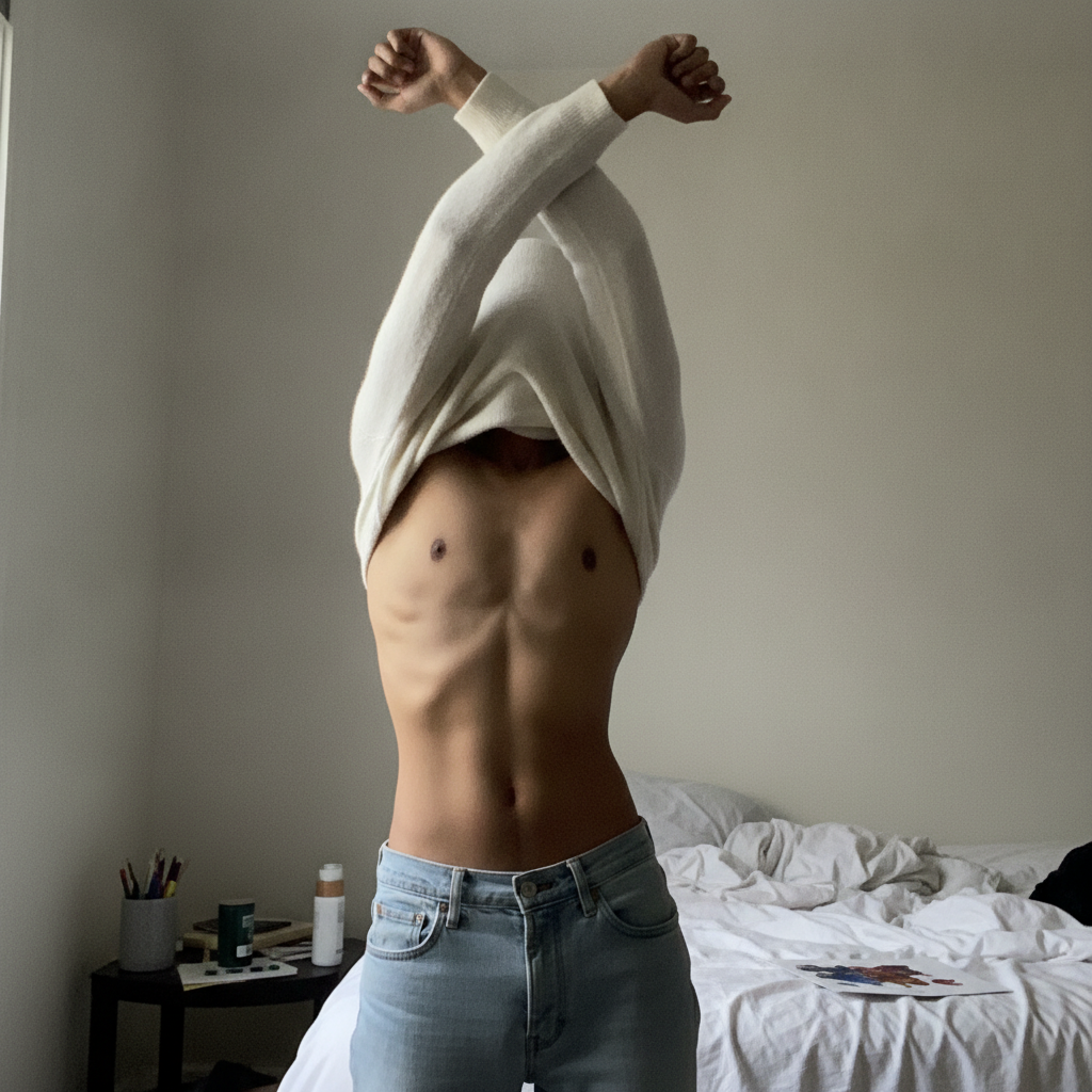 Pulling a Sweater Off AI-generated photoreal reference