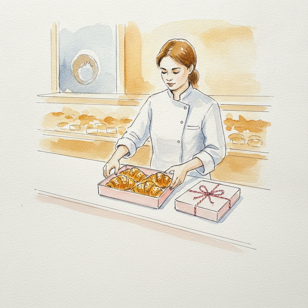 Pastry chef boxing croissants example 1
