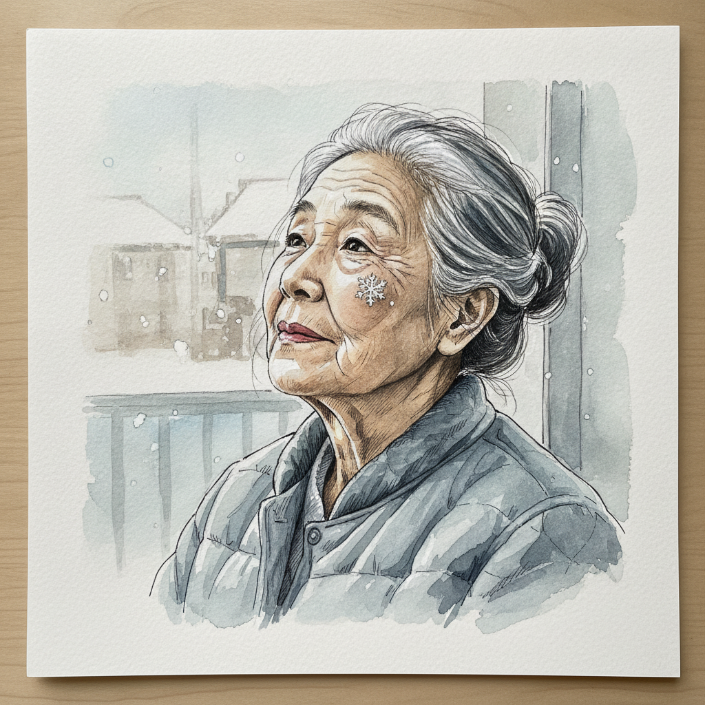 Old Woman Watching Snow Fall example 1