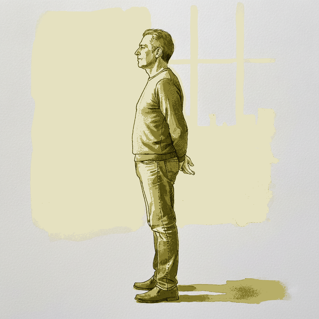 Mature man, left profile, hands behind back example 3