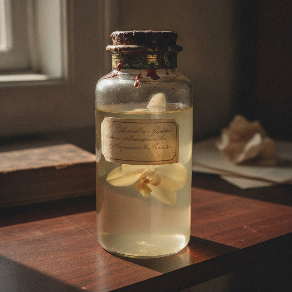 Victorian orchid jar on mahogany shelf AI-generated photoreal reference