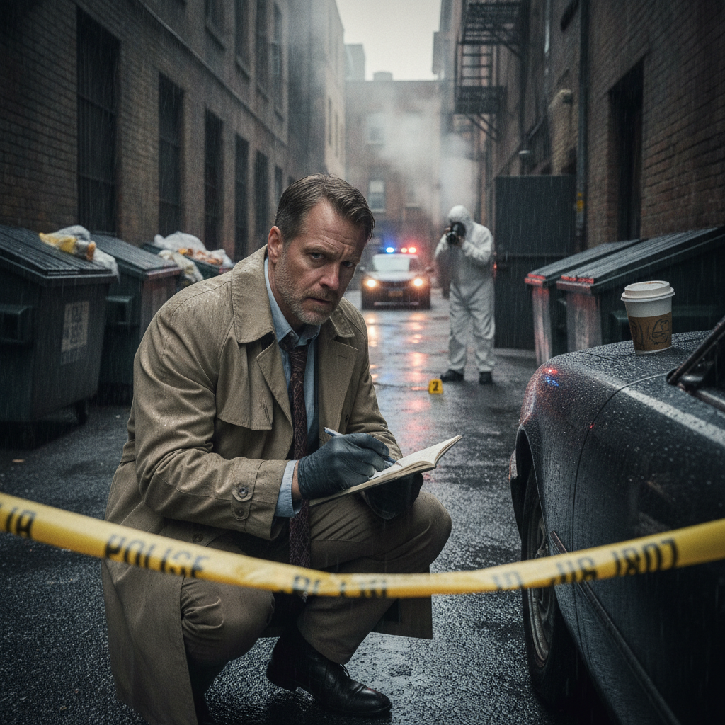 Detective at crime scene AI-generated photoreal reference