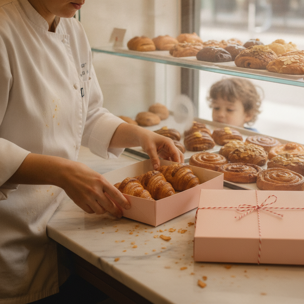 Pastry chef boxing croissants AI-generated photoreal reference