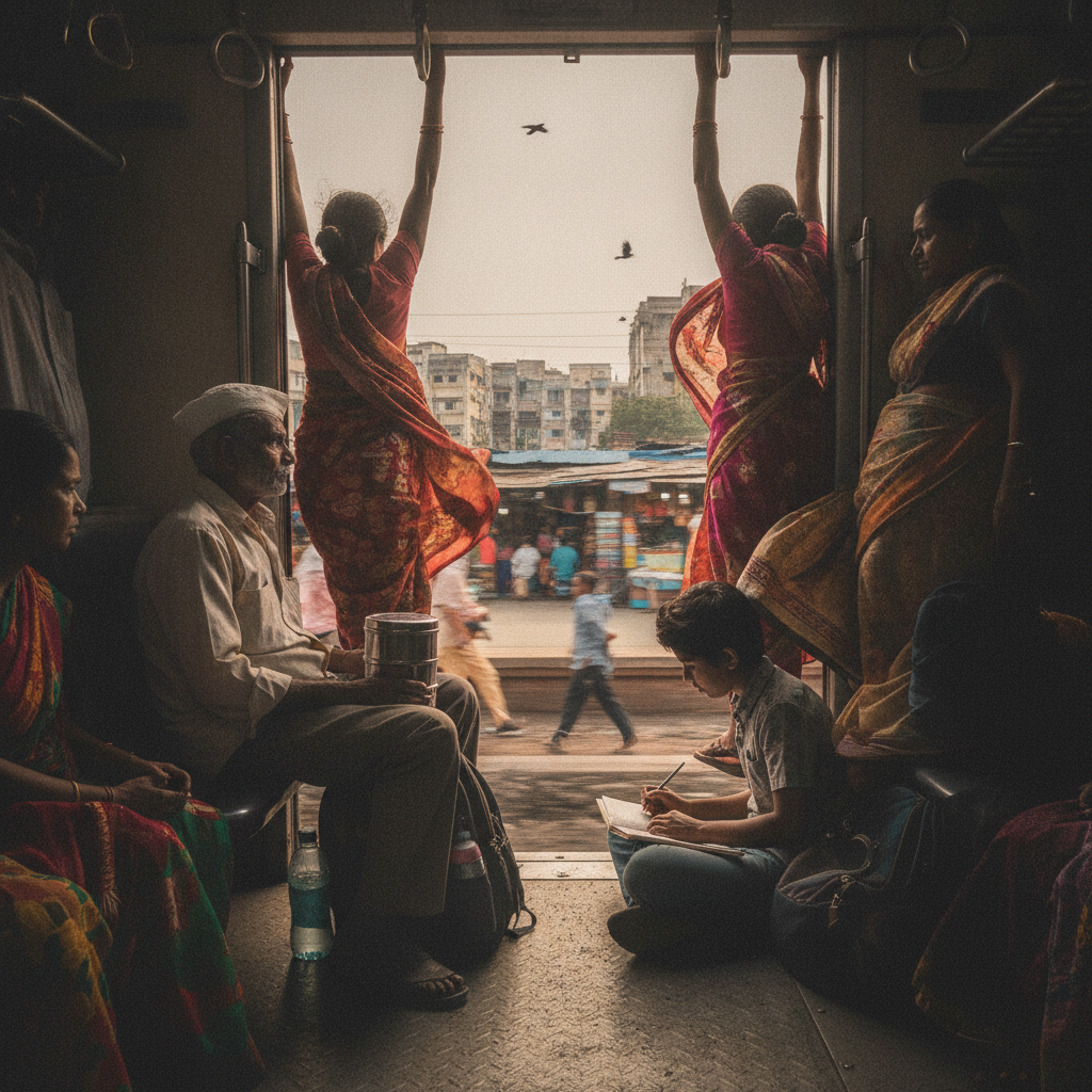 Mumbai local train doorway AI-generated photoreal reference