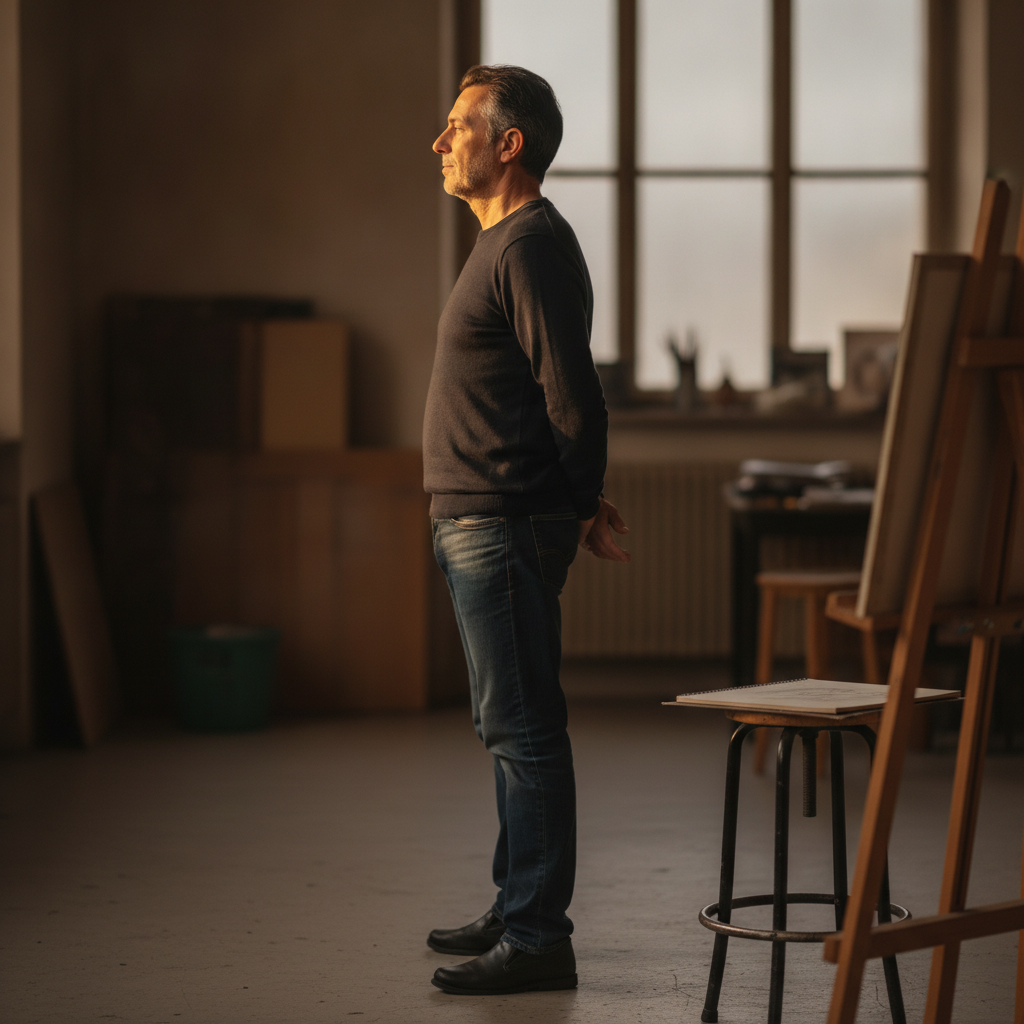 Mature man, left profile, hands behind back AI-generated photoreal reference