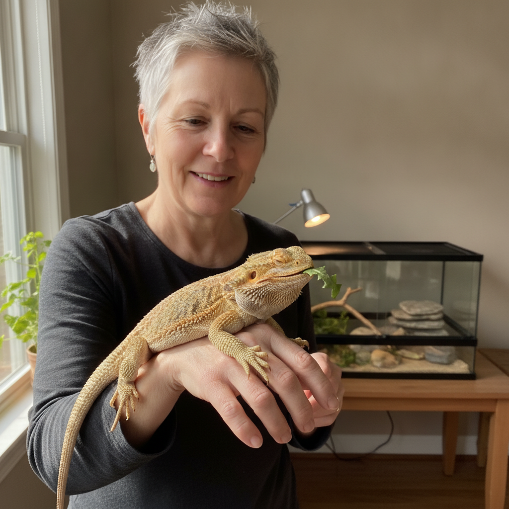 Person with lizard on hand AI-generated photoreal reference