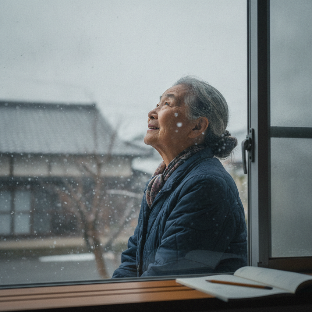 Old Woman Watching Snow Fall AI-generated photoreal reference