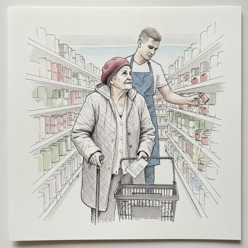 Elder with cane shopping example 1