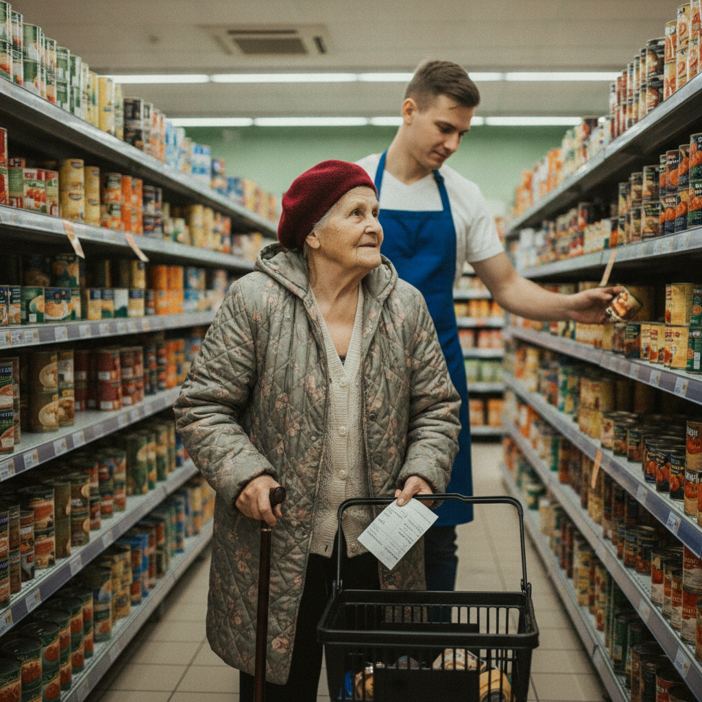 Elder with cane shopping AI-generated photoreal reference