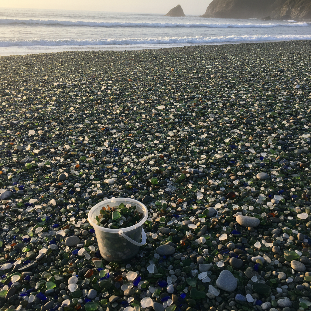 Sea-glass beach at Fort Bragg, California AI-generated photoreal reference