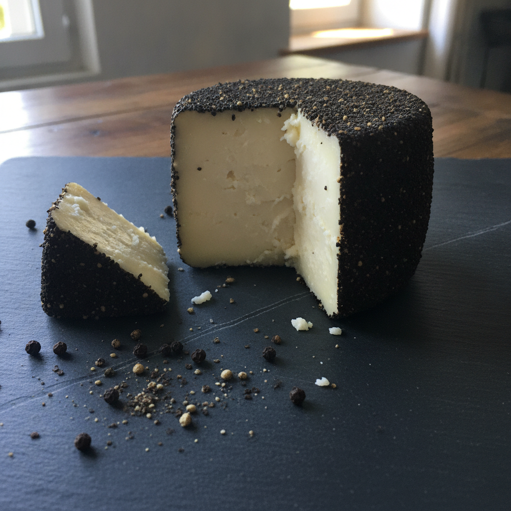 Pecorino Romano on slate with black pepper crust AI-generated photoreal reference