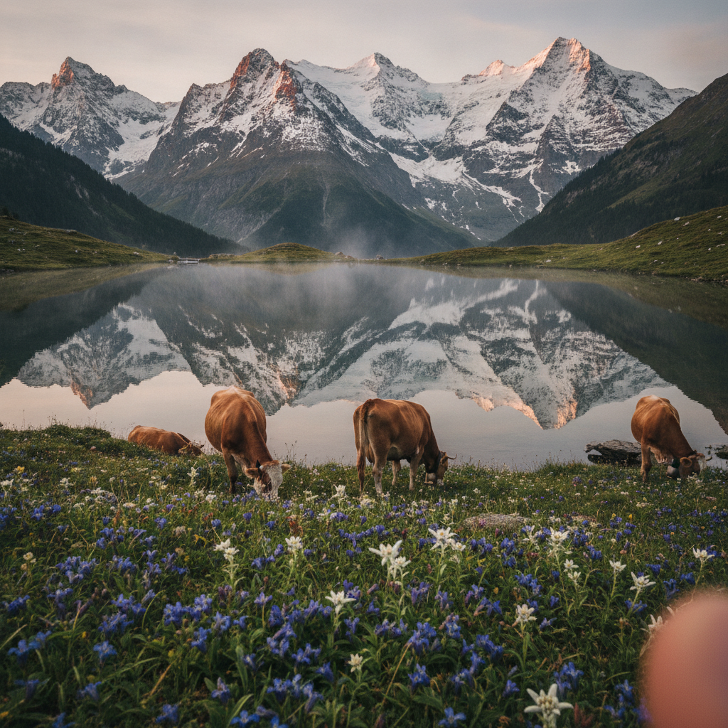 Bachalpsee and the Eiger-Mönch-Jungfrau, Bernese Alps, Switzerland AI-generated photoreal reference