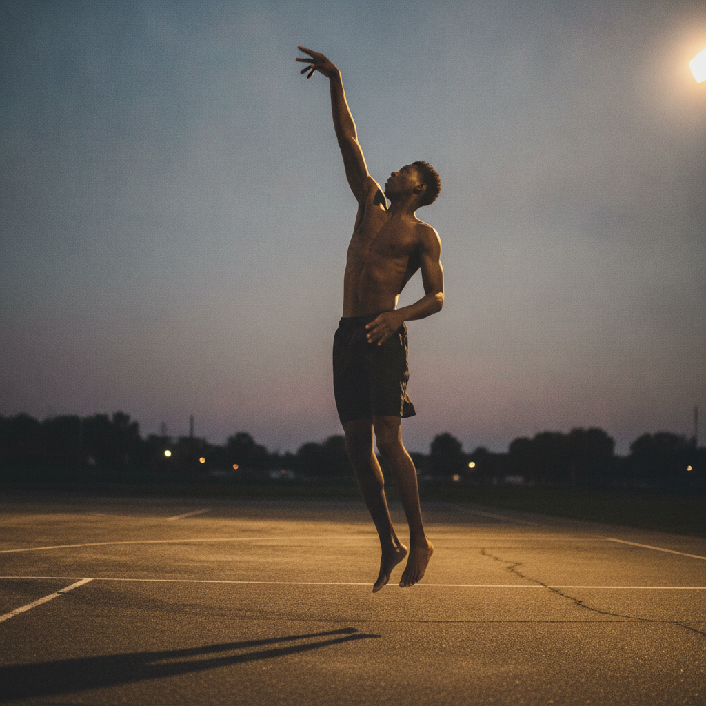 Basketball jump shot, peak release AI-generated photoreal reference
