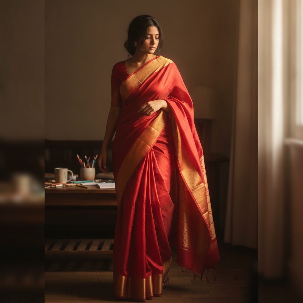 Sari draped on a standing woman AI-generated photoreal reference