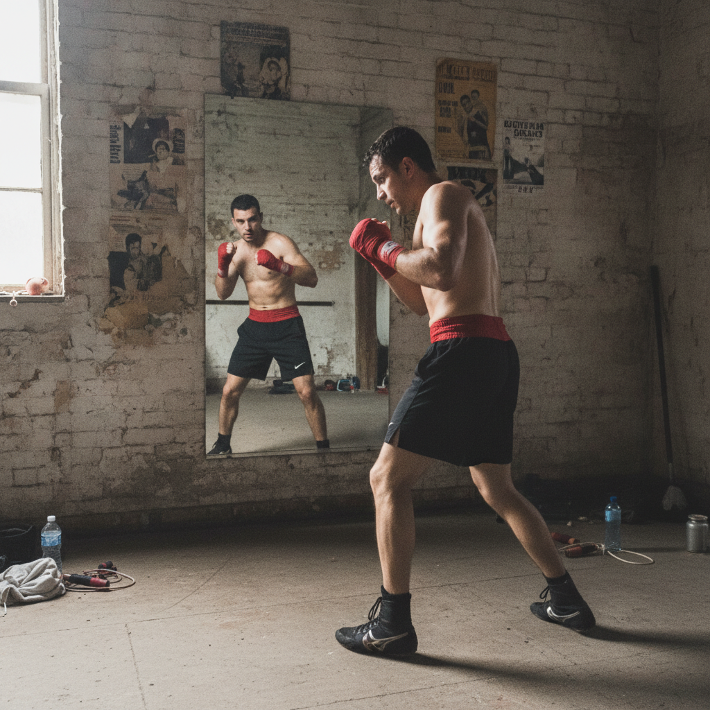 Shadow boxing in mirror AI-generated photoreal reference