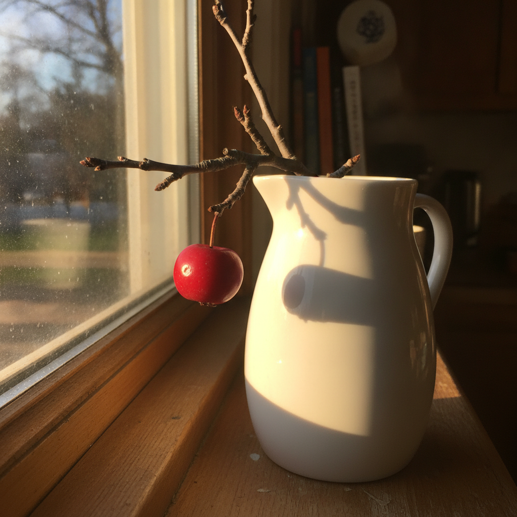 Late autumn branch with single clinging berry AI-generated photoreal reference