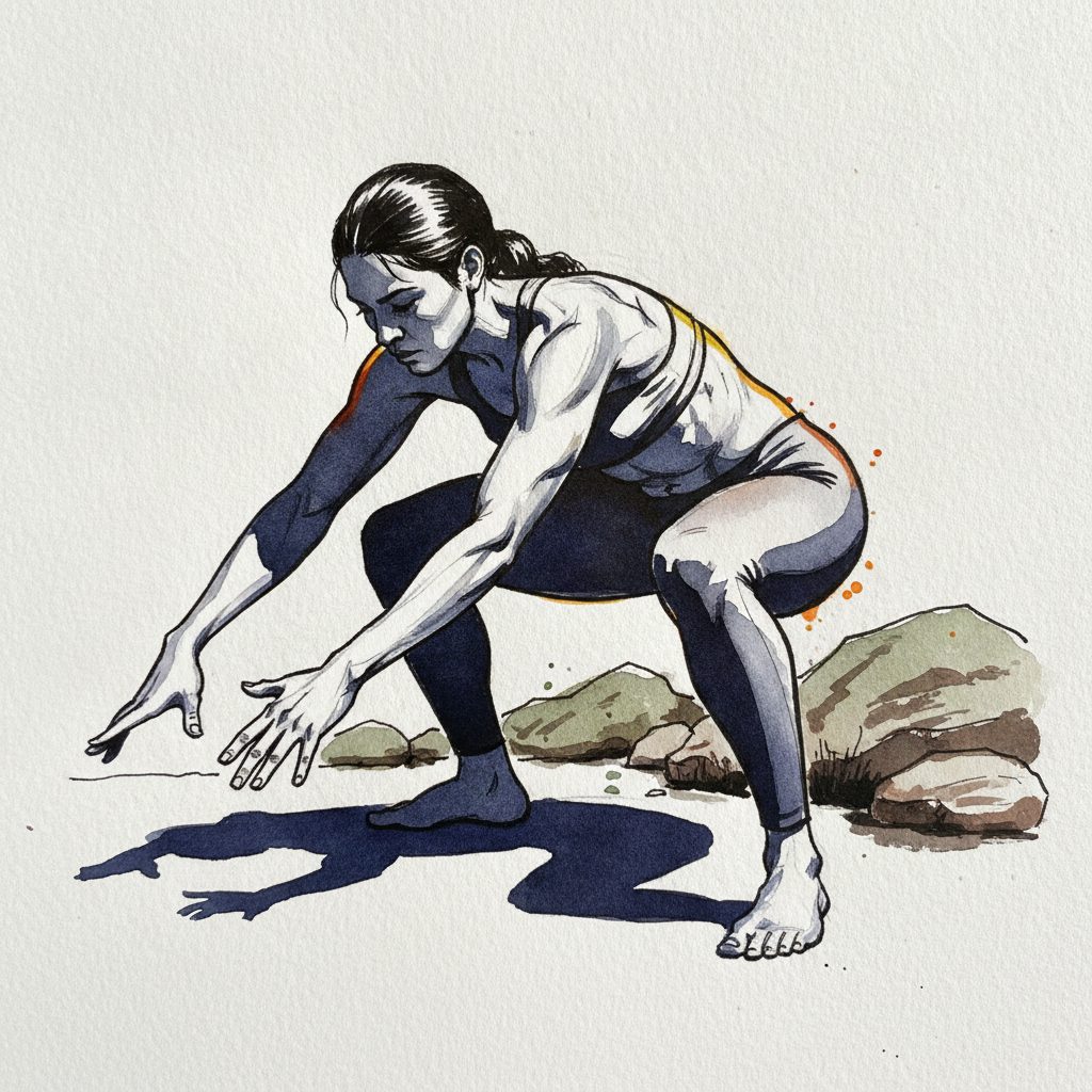 Crouch with both arms swept forward and down, scooping, woman 20s, Indigenous, athletic example 1