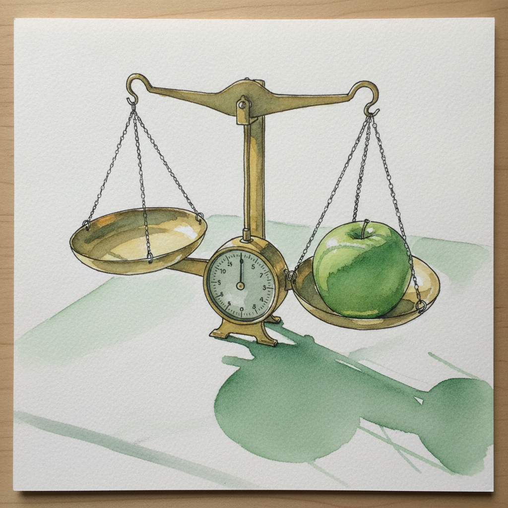 A green apple on a kitchen scale example 1