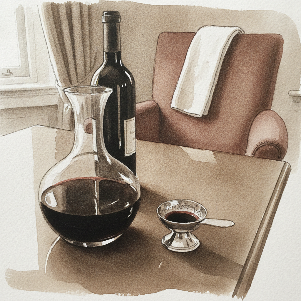 Sommelier's setup with decanter, tastevin, white napkin draped example 1