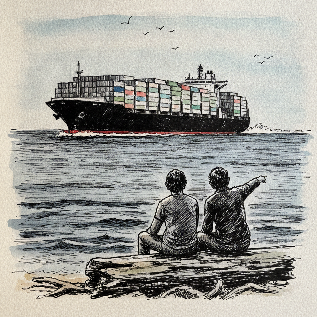 Container ship in distance example 1