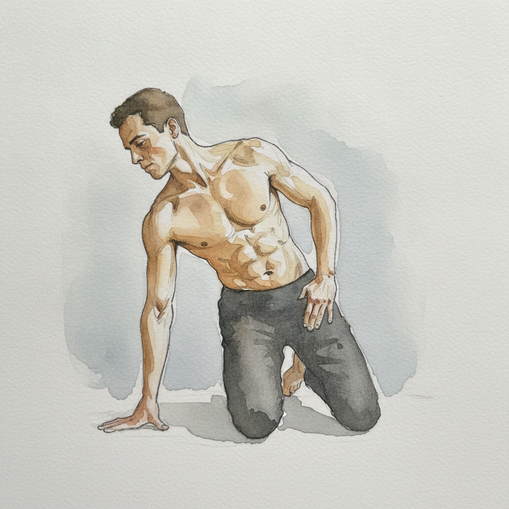 Kneeling on heels, twist with hand on floor example 1