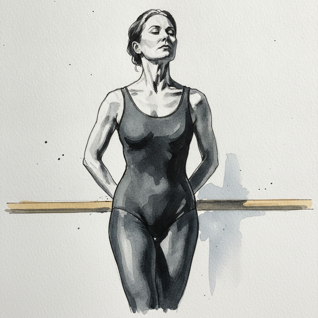 Woman, 40s, white, mature athletic build, both hands behind back on a barre example 1