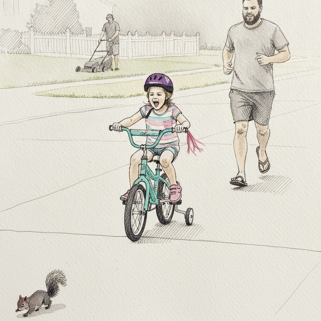 Kid on bicycle with training wheels example 1