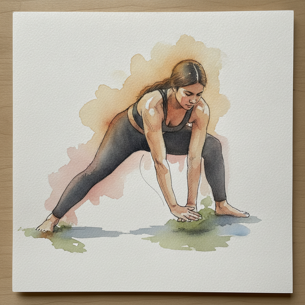 Crouch with both arms swept forward and down, scooping, woman 20s, Indigenous, athletic example 2