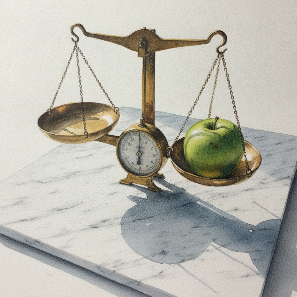 A green apple on a kitchen scale example 2