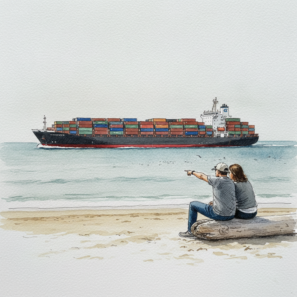 Container ship in distance example 2