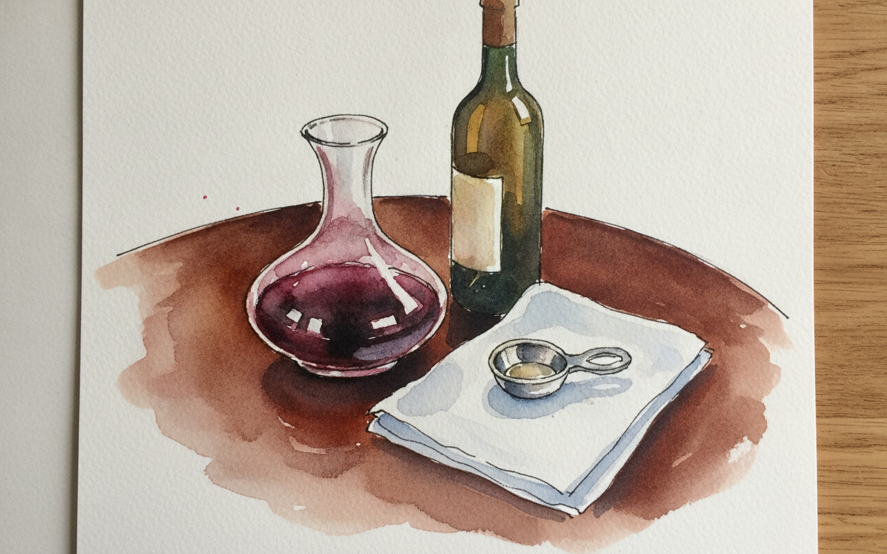 Sommelier's setup with decanter, tastevin, white napkin draped example 2