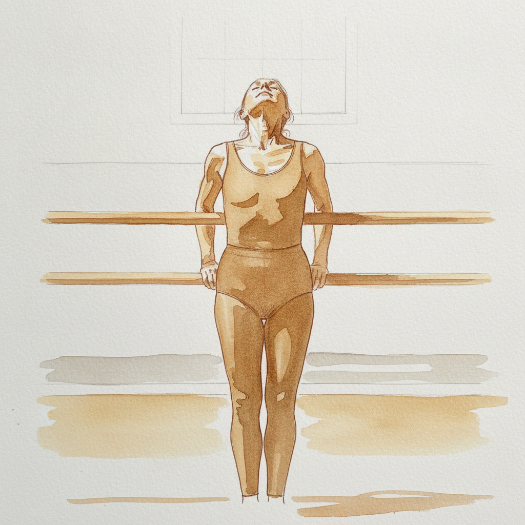 Woman, 40s, white, mature athletic build, both hands behind back on a barre example 2