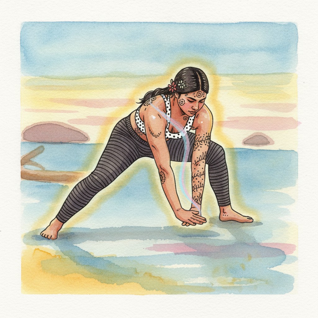Crouch with both arms swept forward and down, scooping, woman 20s, Indigenous, athletic example 3