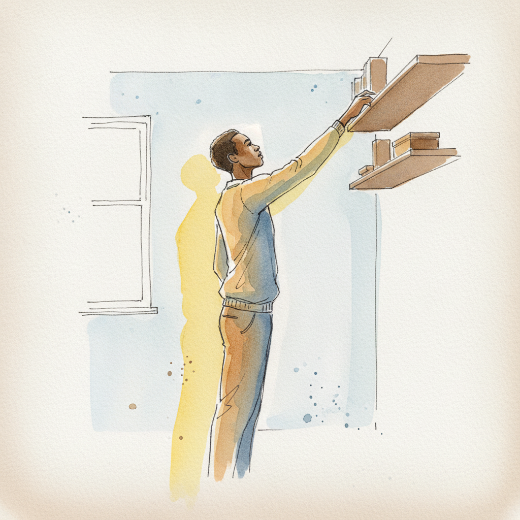 Standing reaching across to high shelf opposite side example 3