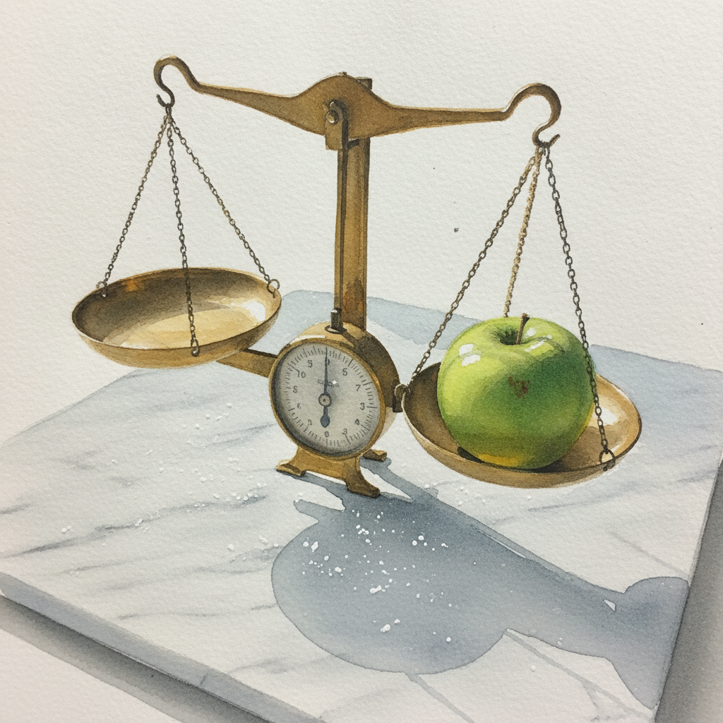 A green apple on a kitchen scale example 3